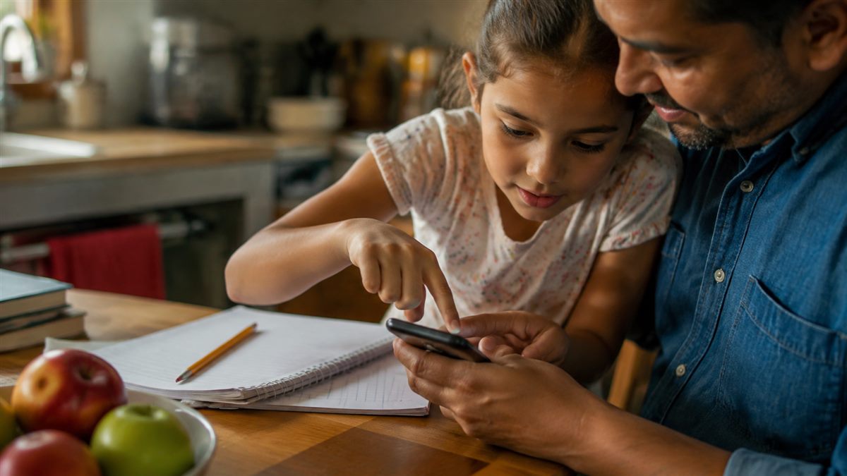 Родитель и ребёнок рассматривают iPhone дома