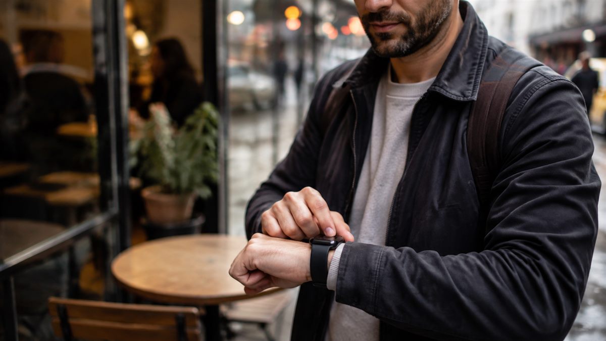 Человек читает сообщение WhatsApp на Apple Watch